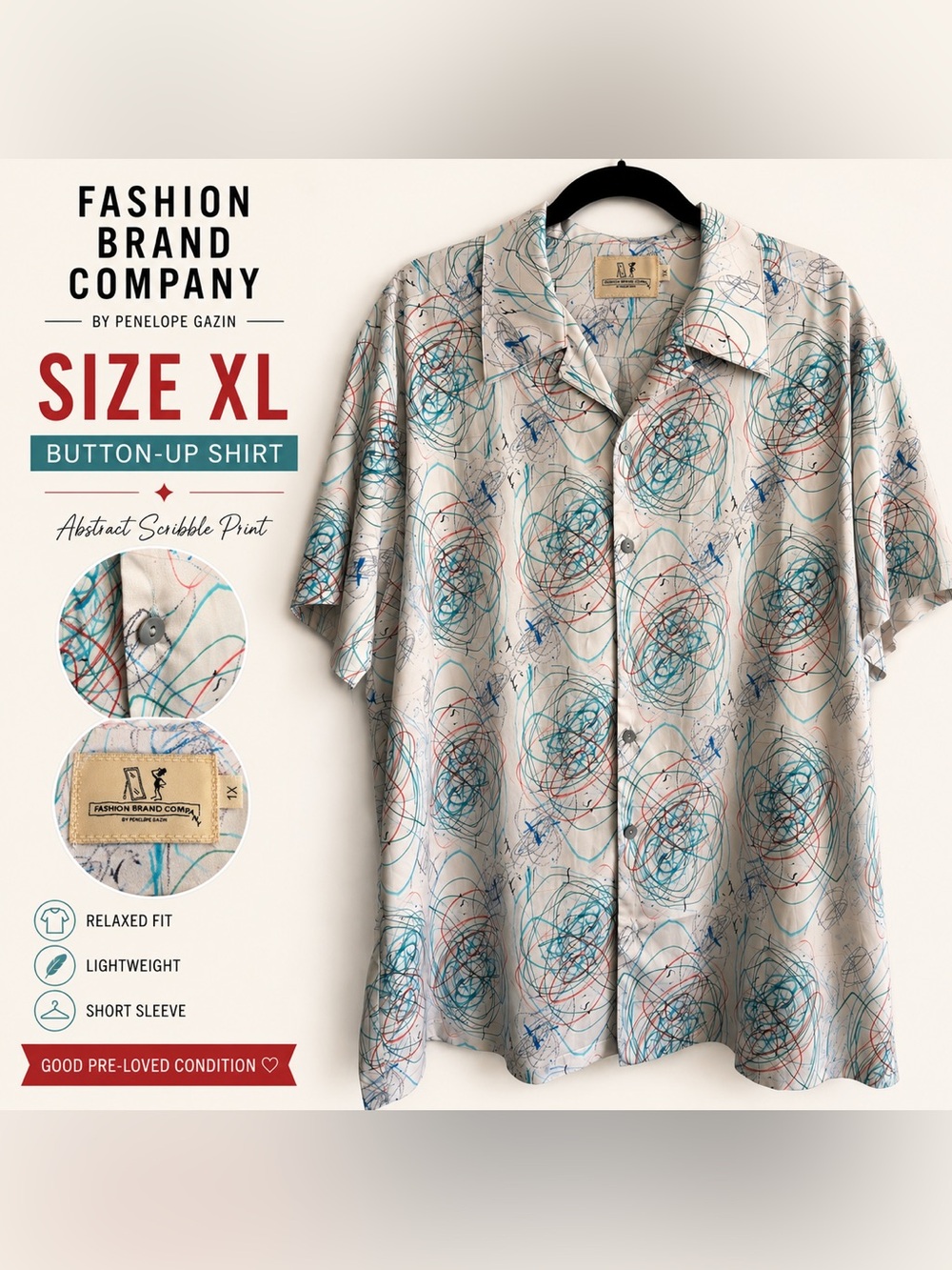 Fashion Brand Company Scribble Print Button-Up Shirt - Cream/Blue